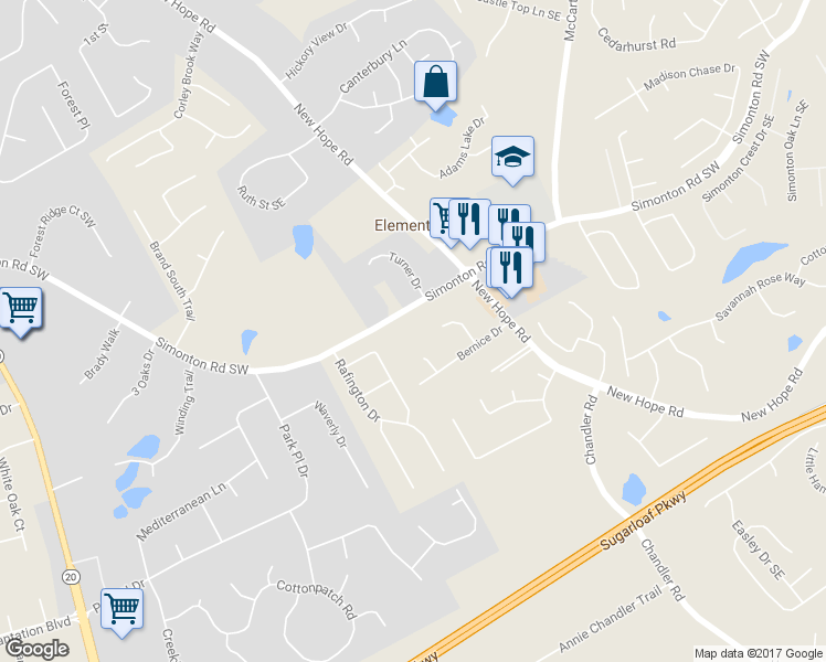 map of restaurants, bars, coffee shops, grocery stores, and more near 96 Simonton Road Southeast in Lawrenceville