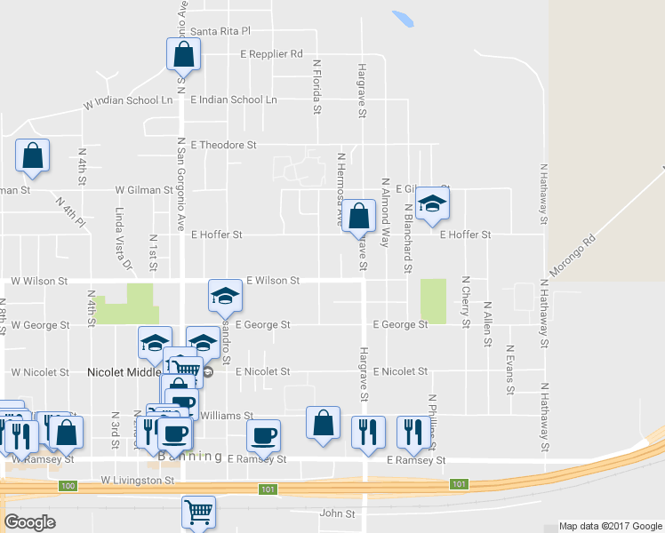 map of restaurants, bars, coffee shops, grocery stores, and more near 847 North Hermosa Place in Banning