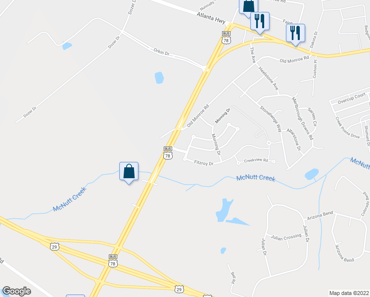map of restaurants, bars, coffee shops, grocery stores, and more near 501 Greenlee Road in Athens