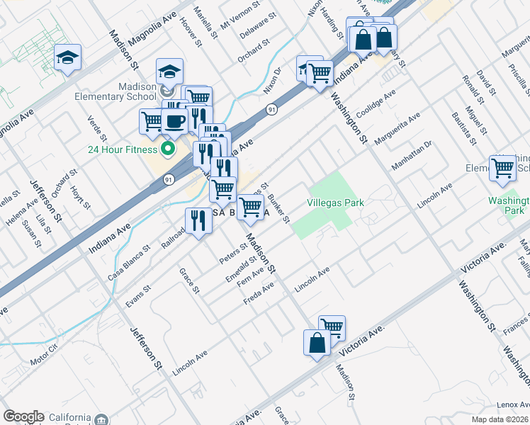 map of restaurants, bars, coffee shops, grocery stores, and more near 7434 Diamond Street in Riverside