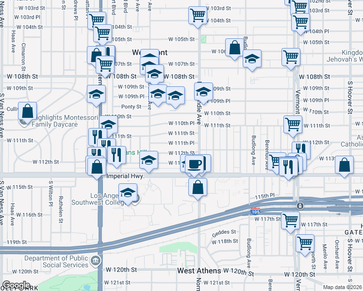 map of restaurants, bars, coffee shops, grocery stores, and more near 1442 West 111th Place in Los Angeles
