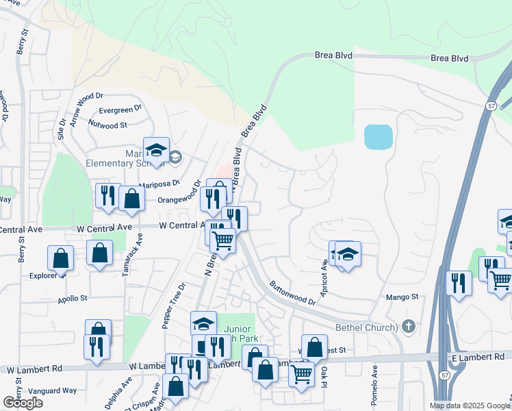 map of restaurants, bars, coffee shops, grocery stores, and more near 274 Echo Canyon Place in Brea
