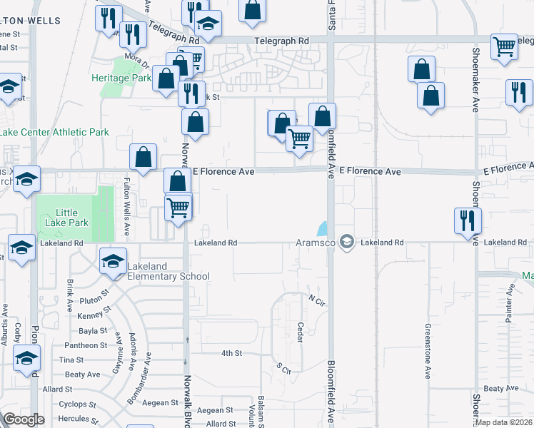 map of restaurants, bars, coffee shops, grocery stores, and more near 12345 Lakeland Road in Santa Fe Springs