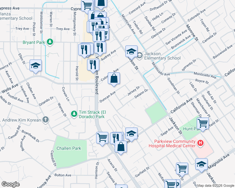 map of restaurants, bars, coffee shops, grocery stores, and more near 4475 Turnbull Road in Riverside
