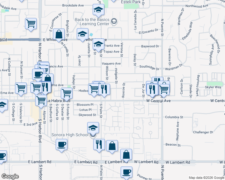 map of restaurants, bars, coffee shops, grocery stores, and more near 160 Wade Street in La Habra