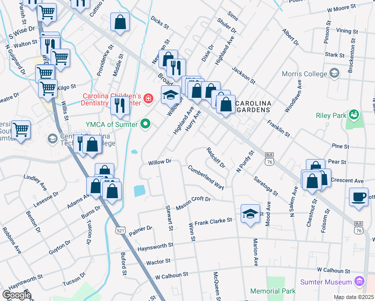map of restaurants, bars, coffee shops, grocery stores, and more near 101 Radcliff Drive in Sumter