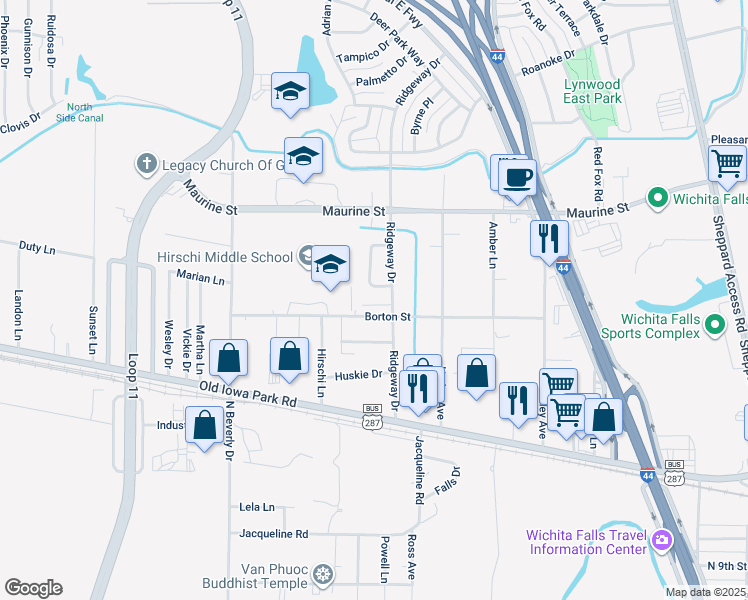 map of restaurants, bars, coffee shops, grocery stores, and more near 3008 Saxet Street in Wichita Falls