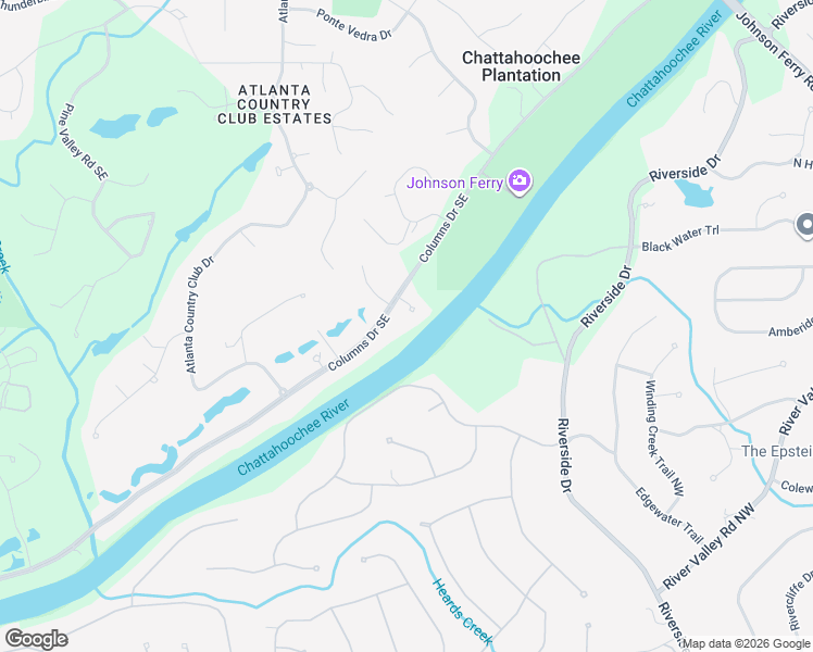 map of restaurants, bars, coffee shops, grocery stores, and more near 4598 Columns Drive Southeast in Marietta