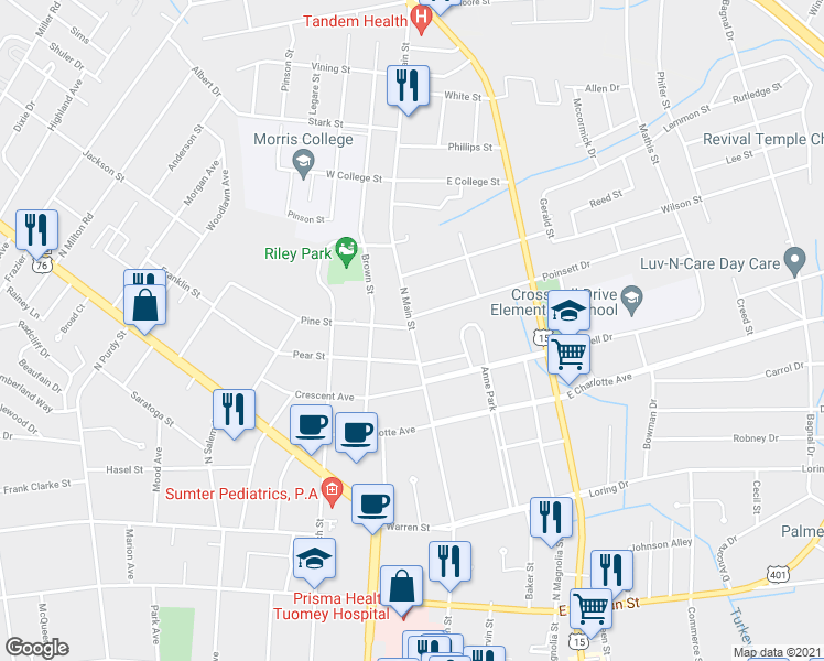 map of restaurants, bars, coffee shops, grocery stores, and more near 618 N Main St in Sumter
