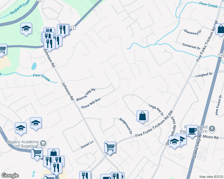 map of restaurants, bars, coffee shops, grocery stores, and more near 279 Mill Ridge Court in Lawrenceville
