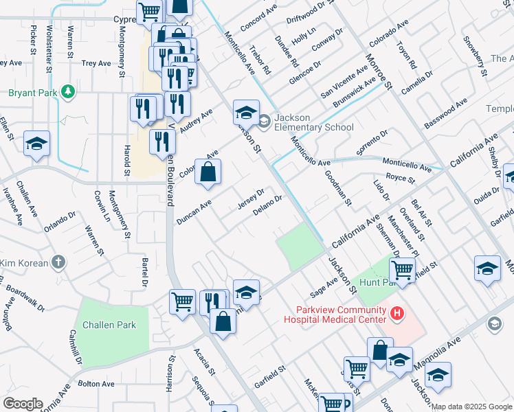 map of restaurants, bars, coffee shops, grocery stores, and more near 9207 Delano Drive in Riverside