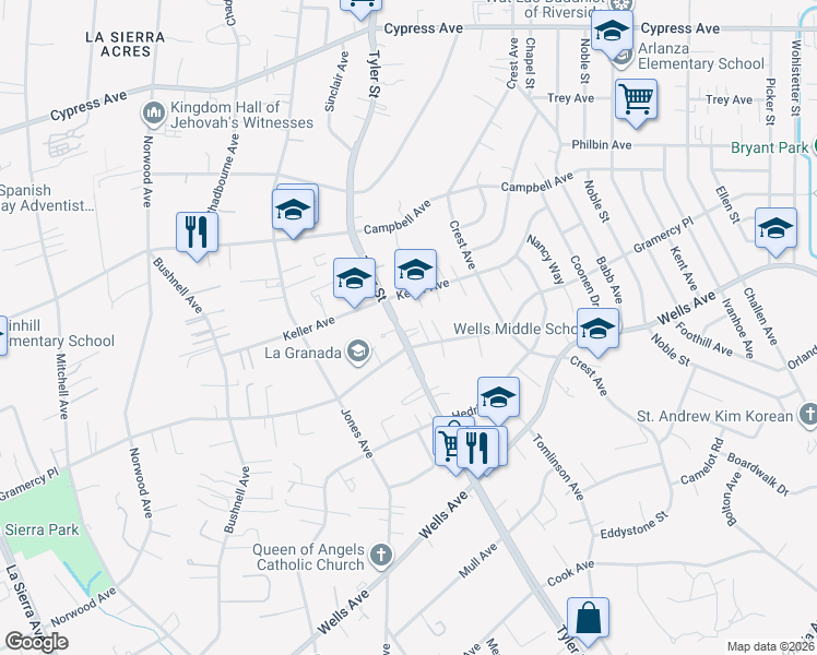 map of restaurants, bars, coffee shops, grocery stores, and more near 5327 Tyler Street in Riverside