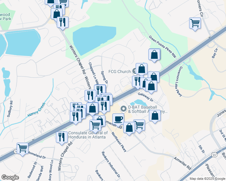 map of restaurants, bars, coffee shops, grocery stores, and more near 3375 Marla Boulevard Northwest in Atlanta