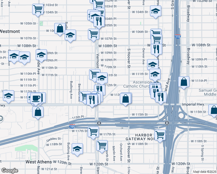 map of restaurants, bars, coffee shops, grocery stores, and more near 840 West 112th Street in Los Angeles
