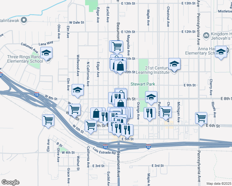 map of restaurants, bars, coffee shops, grocery stores, and more near 837 Beaumont Avenue in Beaumont