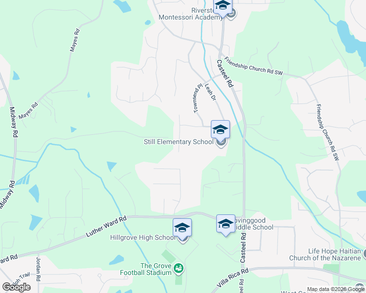 map of restaurants, bars, coffee shops, grocery stores, and more near 711 Robert Way in Powder Springs