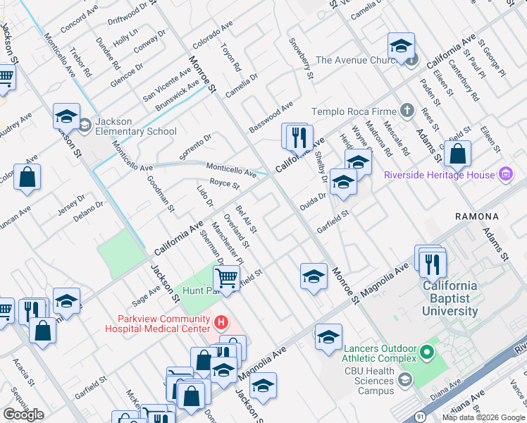 map of restaurants, bars, coffee shops, grocery stores, and more near 4145 Bel Air Street in Riverside