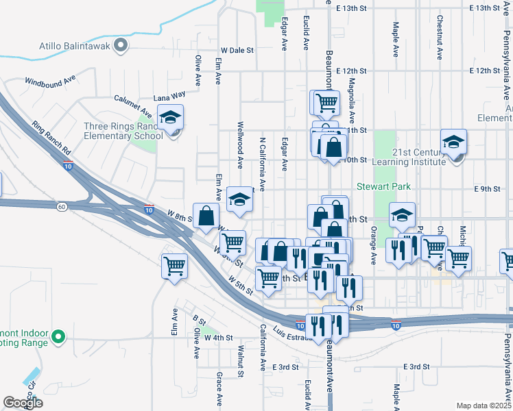 map of restaurants, bars, coffee shops, grocery stores, and more near 839 North California Avenue in Beaumont