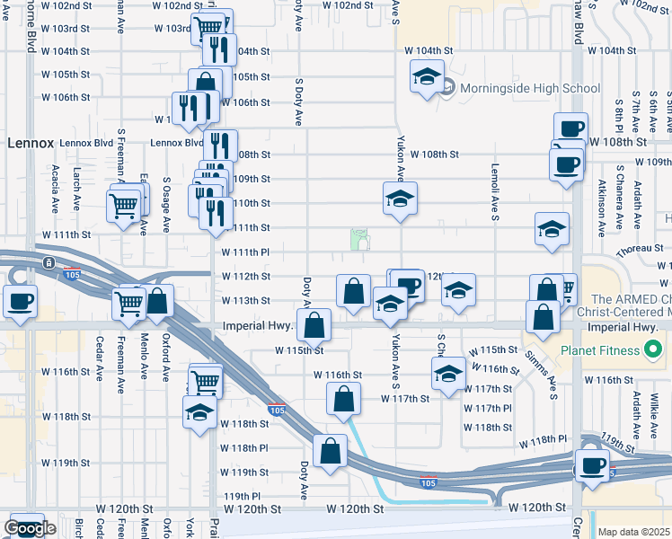 map of restaurants, bars, coffee shops, grocery stores, and more near 3721 West 112th Street in Inglewood