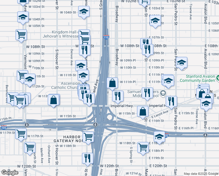map of restaurants, bars, coffee shops, grocery stores, and more near 319 West 112th Street in Los Angeles