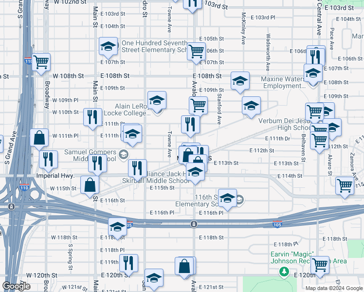 map of restaurants, bars, coffee shops, grocery stores, and more near 427 East 112th Street in Los Angeles