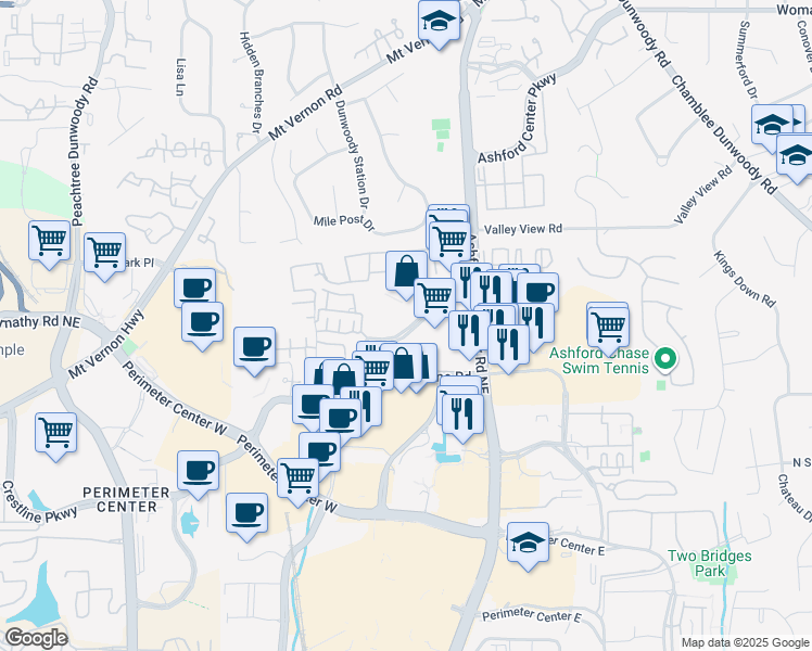 map of restaurants, bars, coffee shops, grocery stores, and more near 1200 Ashwood Parkway in Atlanta