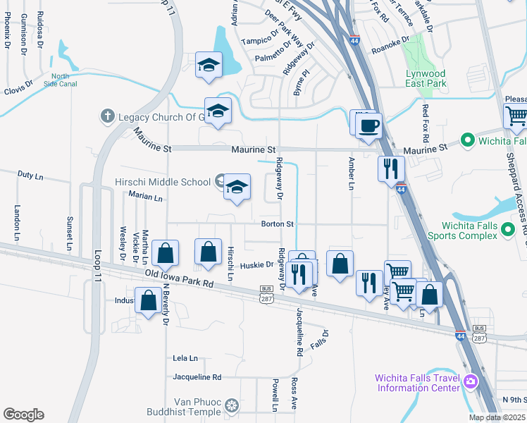 map of restaurants, bars, coffee shops, grocery stores, and more near 3008 Saxet Street in Wichita Falls