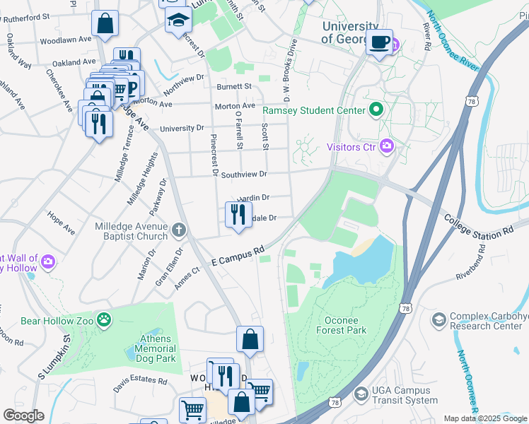 map of restaurants, bars, coffee shops, grocery stores, and more near 159 Riverdale Drive in Athens