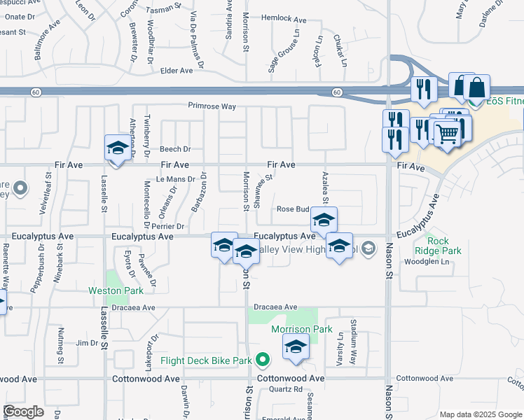 map of restaurants, bars, coffee shops, grocery stores, and more near 12940 Shawnee Street in Moreno Valley