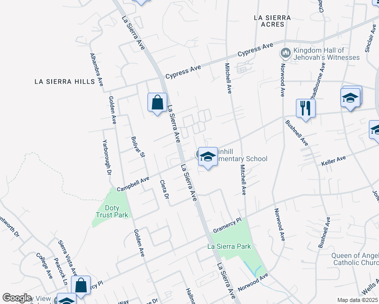 map of restaurants, bars, coffee shops, grocery stores, and more near 5649 La Sierra Avenue in Riverside