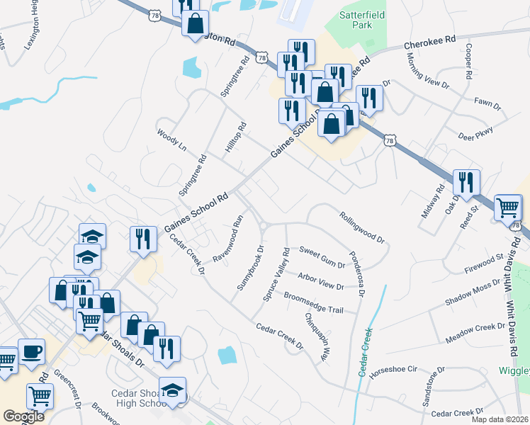 map of restaurants, bars, coffee shops, grocery stores, and more near 175 Ponderosa Drive in Athens