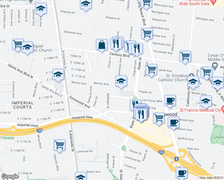 map of restaurants, bars, coffee shops, grocery stores, and more near 2910 Poplar Drive in Lynwood