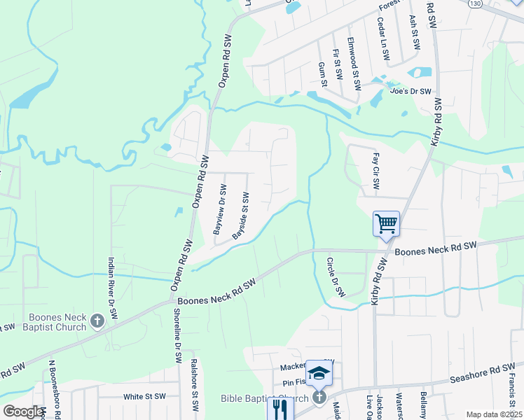 map of restaurants, bars, coffee shops, grocery stores, and more near 2219 Helmsman Drive Southwest in Supply