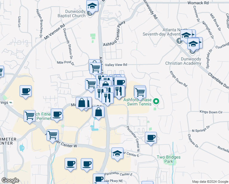 map of restaurants, bars, coffee shops, grocery stores, and more near 4721 Ashford Dunwoody Road in Atlanta