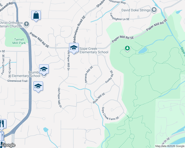 map of restaurants, bars, coffee shops, grocery stores, and more near 3500 Inman Hill Southeast in Marietta