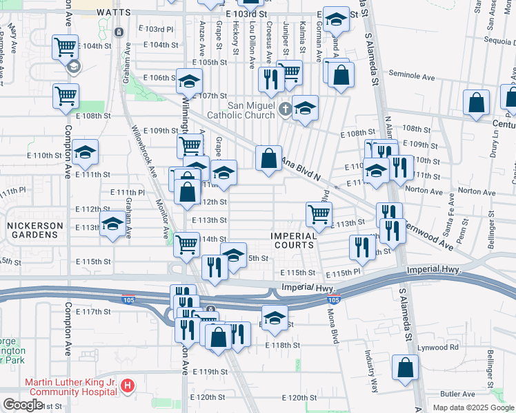 map of restaurants, bars, coffee shops, grocery stores, and more near 2110 East 112th Street in Los Angeles
