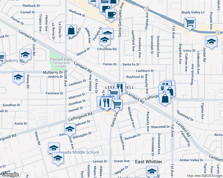 map of restaurants, bars, coffee shops, grocery stores, and more near 11017 Trudie Avenue in Whittier