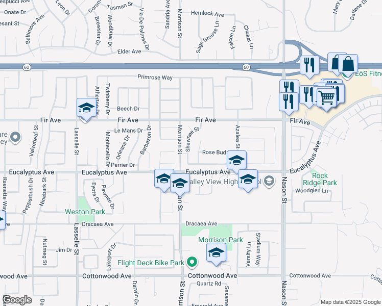 map of restaurants, bars, coffee shops, grocery stores, and more near 12940 Shawnee Street in Moreno Valley