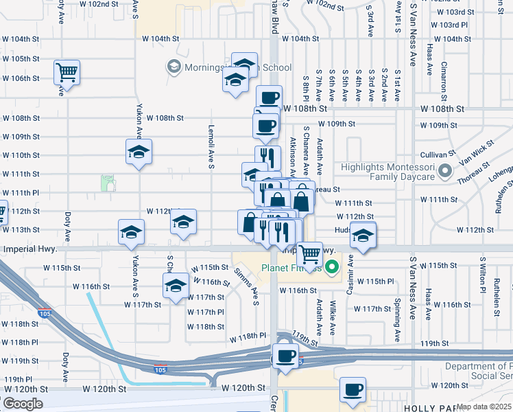 map of restaurants, bars, coffee shops, grocery stores, and more near 3127 West 112th Street in Inglewood