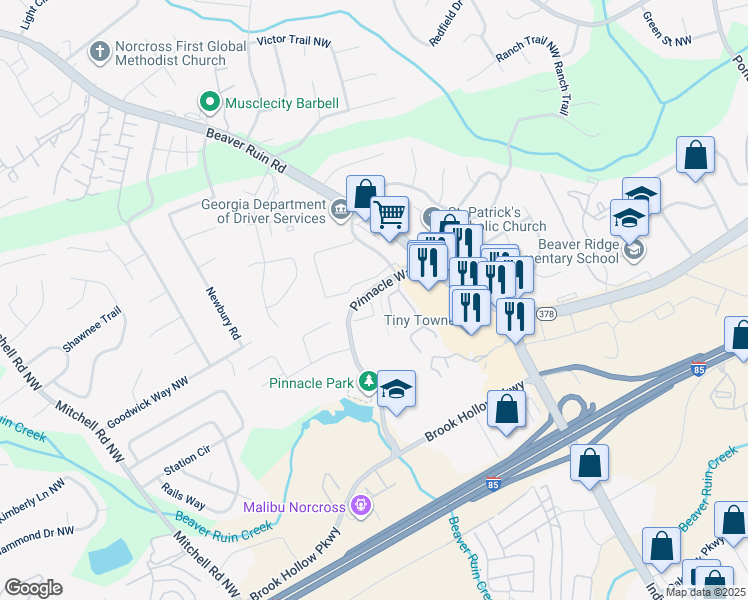 map of restaurants, bars, coffee shops, grocery stores, and more near 2099 Pinnacle Way in Norcross