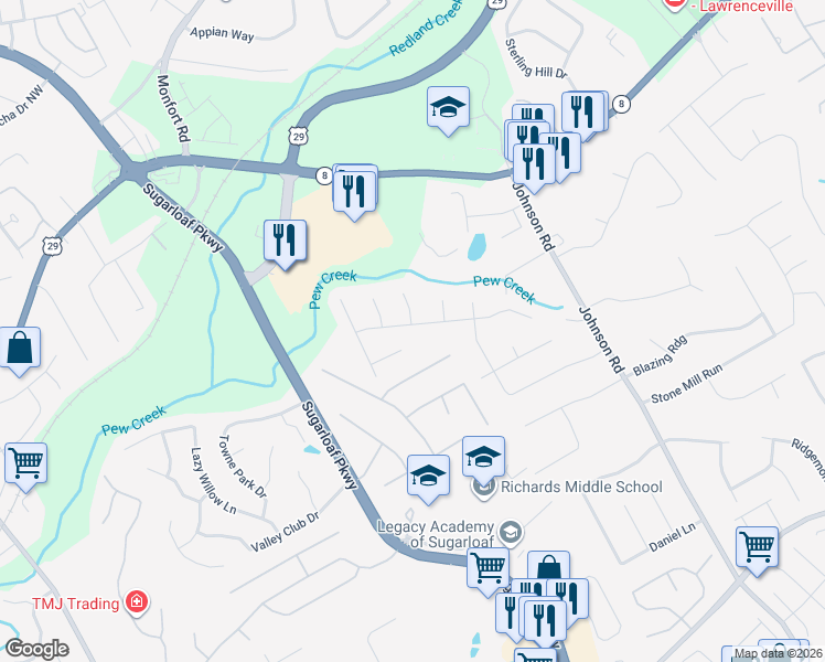 map of restaurants, bars, coffee shops, grocery stores, and more near 1320 Grayland Hills Trail in Lawrenceville