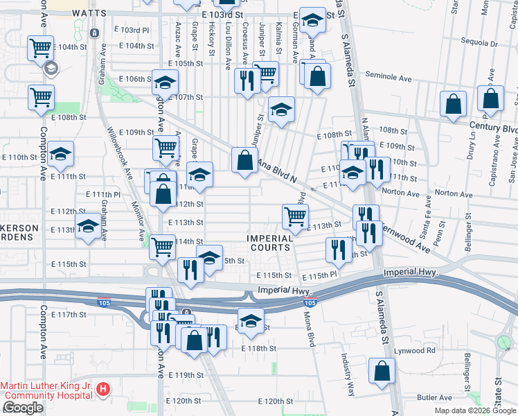 map of restaurants, bars, coffee shops, grocery stores, and more near 2216 East 112th Street in Los Angeles