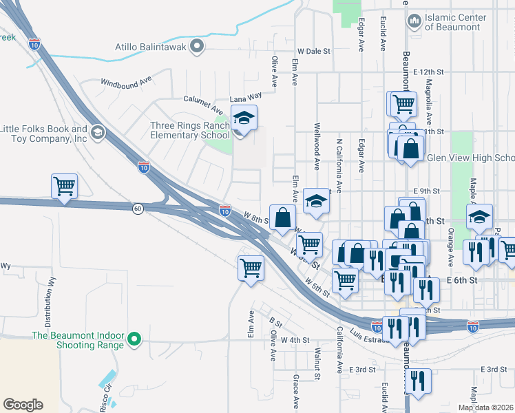 map of restaurants, bars, coffee shops, grocery stores, and more near 841 Hurstland Avenue in Beaumont