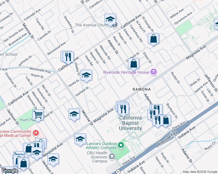 map of restaurants, bars, coffee shops, grocery stores, and more near 3906 Wayne Court in Riverside