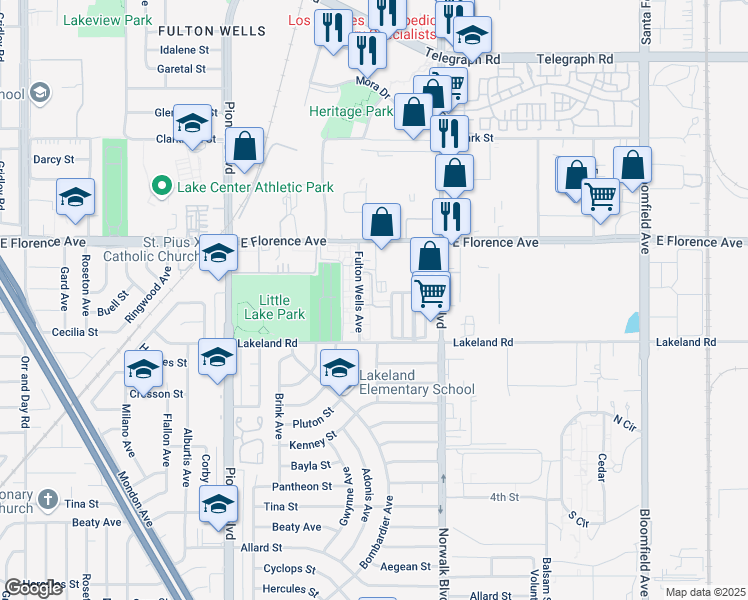 map of restaurants, bars, coffee shops, grocery stores, and more near 10922 Fulton Wells Avenue in Santa Fe Springs