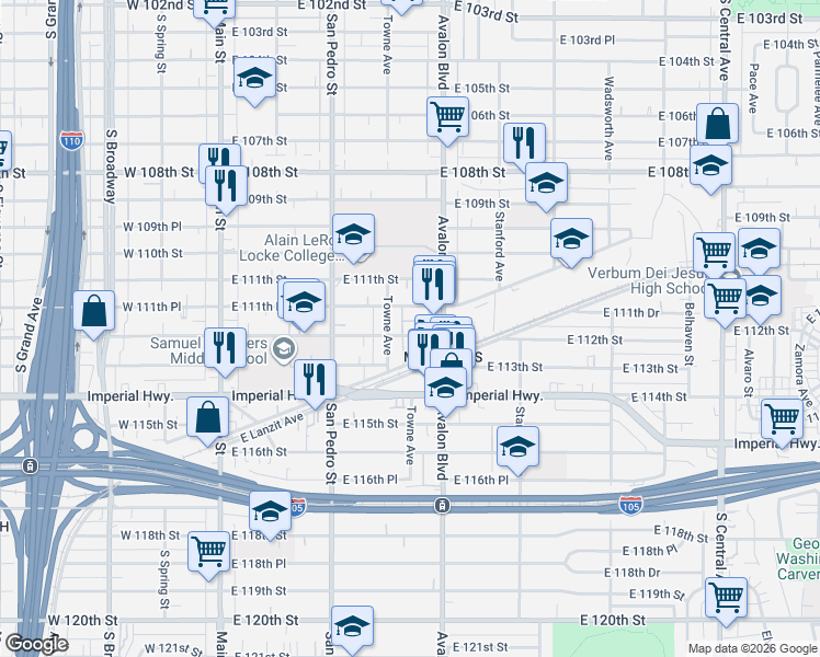 map of restaurants, bars, coffee shops, grocery stores, and more near 443 East 112th Street in Los Angeles