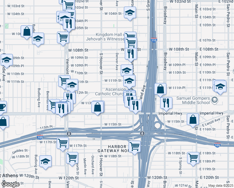 map of restaurants, bars, coffee shops, grocery stores, and more near 615 West 112th Street in Los Angeles