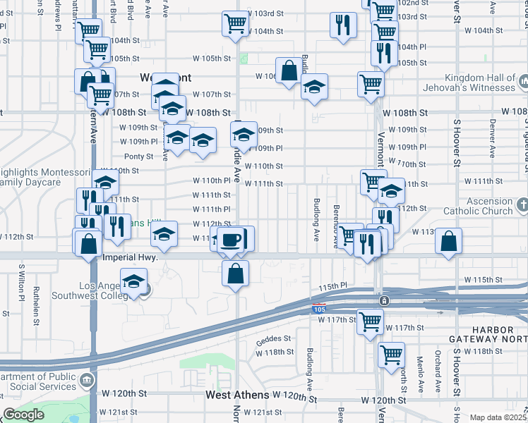 map of restaurants, bars, coffee shops, grocery stores, and more near 1327 West 112th Street in Los Angeles