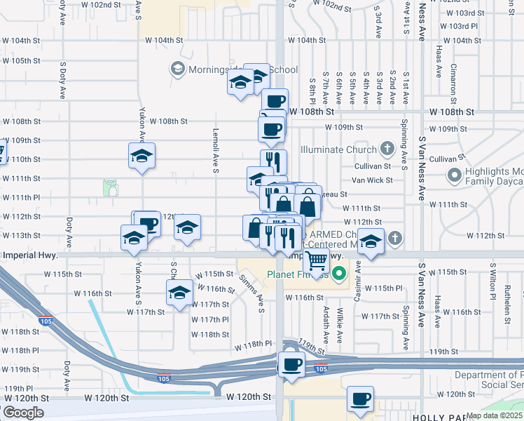 map of restaurants, bars, coffee shops, grocery stores, and more near 3127 West 112th Street in Inglewood