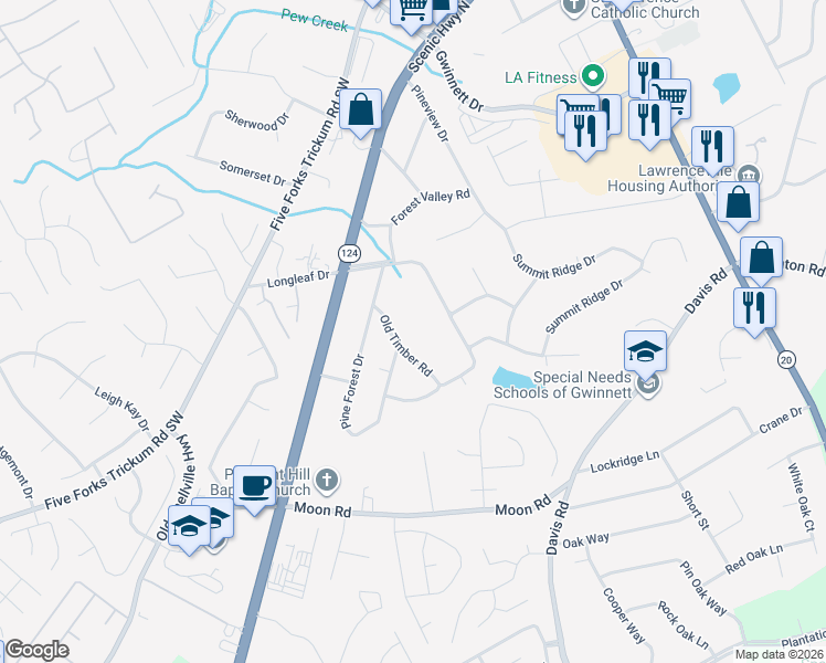 map of restaurants, bars, coffee shops, grocery stores, and more near 485 Maple Wood Drive in Lawrenceville